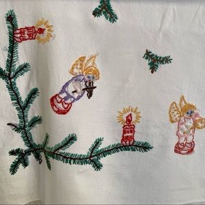 Vintage European Hand Embroidered Holiday Tablecloth, musical angels pine